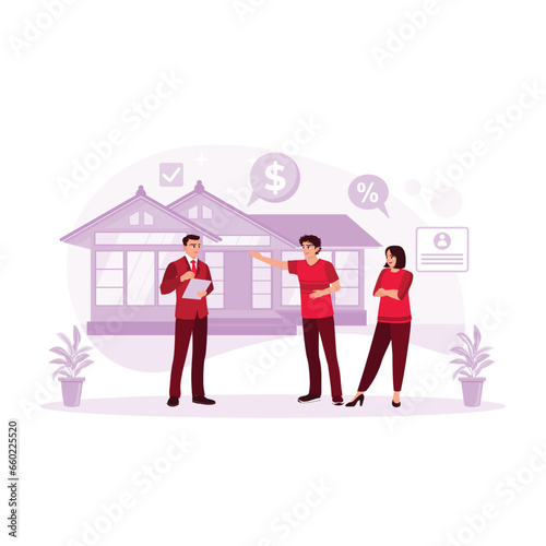 A real estate agent explains the home-buying process to a client. Mortgage Process concept. Trend Modern vector flat illustration
