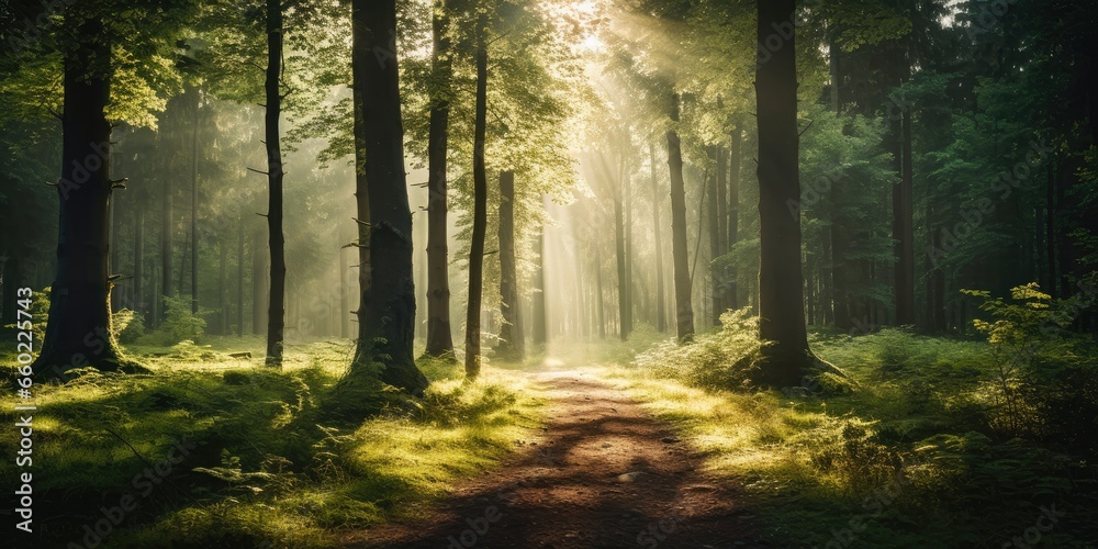 tranquil forest with sunlight filtering through trees, generative AI