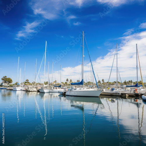sailboats anchored in a harbor on a sunny day.