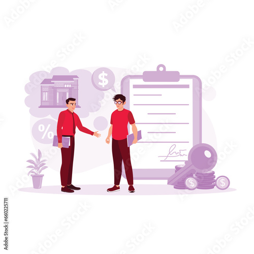 A property entrepreneur reassures his clients about house prices. Signed agreement letter. Mortgage Process concept. Trend Modern vector flat illustration