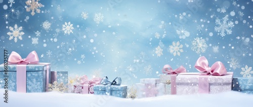 A group of beautifully wrapped presents on a snowy background