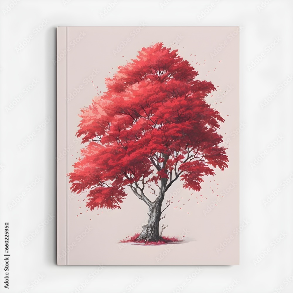warm summer red tree in fall portrait sketch vintage aesthetic  - obrazy, fototapety, plakaty 