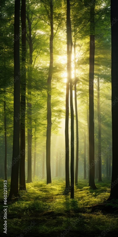 Obraz premium tranquil forest with sunlight filtering through trees, generative AI