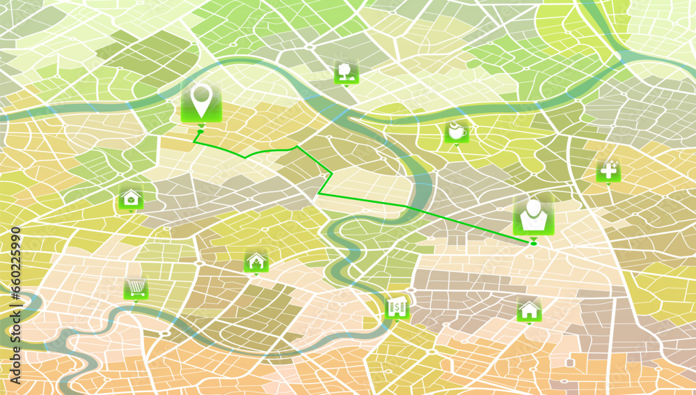 Fototapeta premium Location tracks dashboard. Isometric city street road. City streets and blocks, route distance data, path turns and destination tag or mark. Huge city top view. Background with location system. Vector