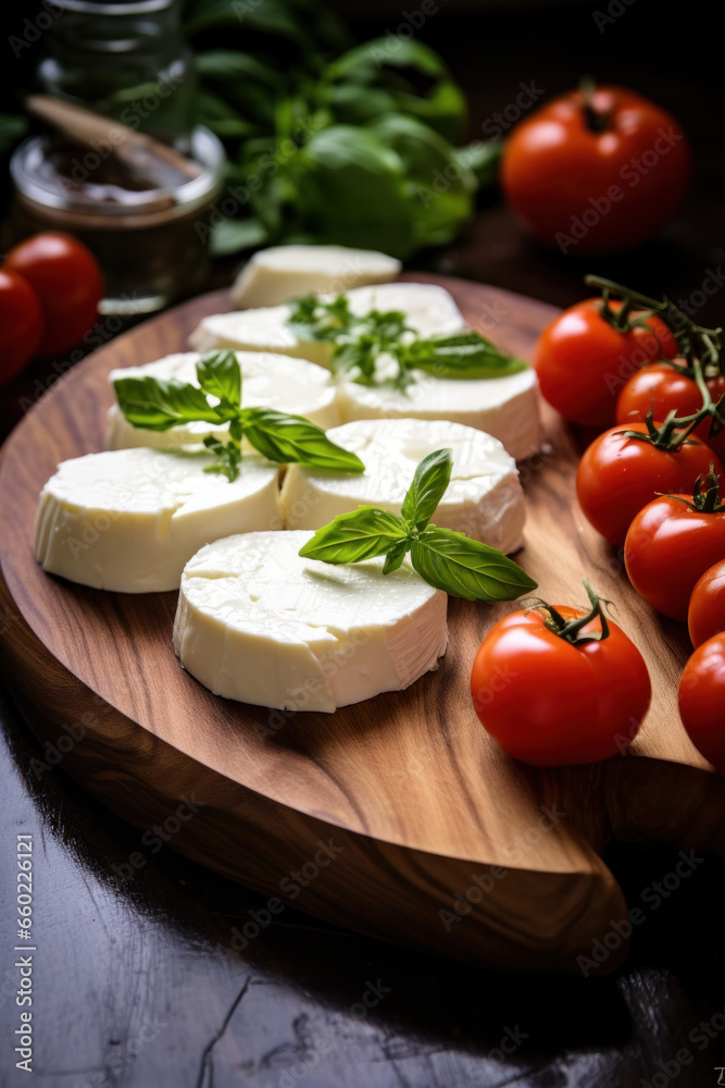 Colourful slices of cheese and tomato arranged alternately on a plate and garnished with herbs served with an oil dressing for drizzling.