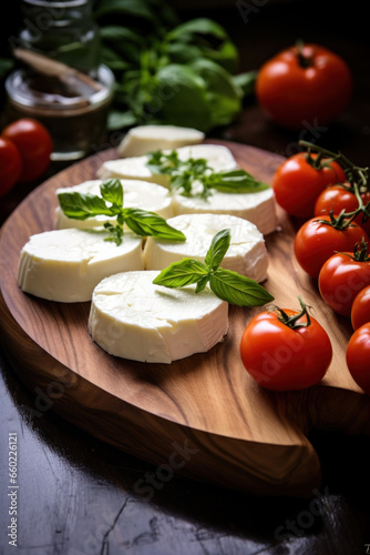 Colourful slices of cheese and tomato arranged alternately on a plate and garnished with herbs served with an oil dressing for drizzling.