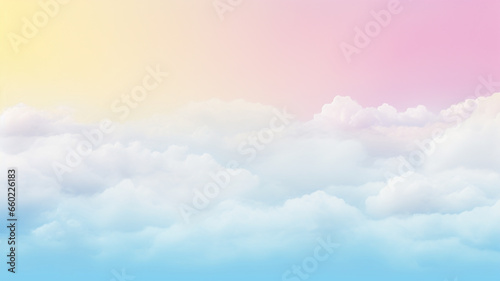 Colorful watercolor background of abstract sunset sky with puffy clouds in bright rainbow colors.