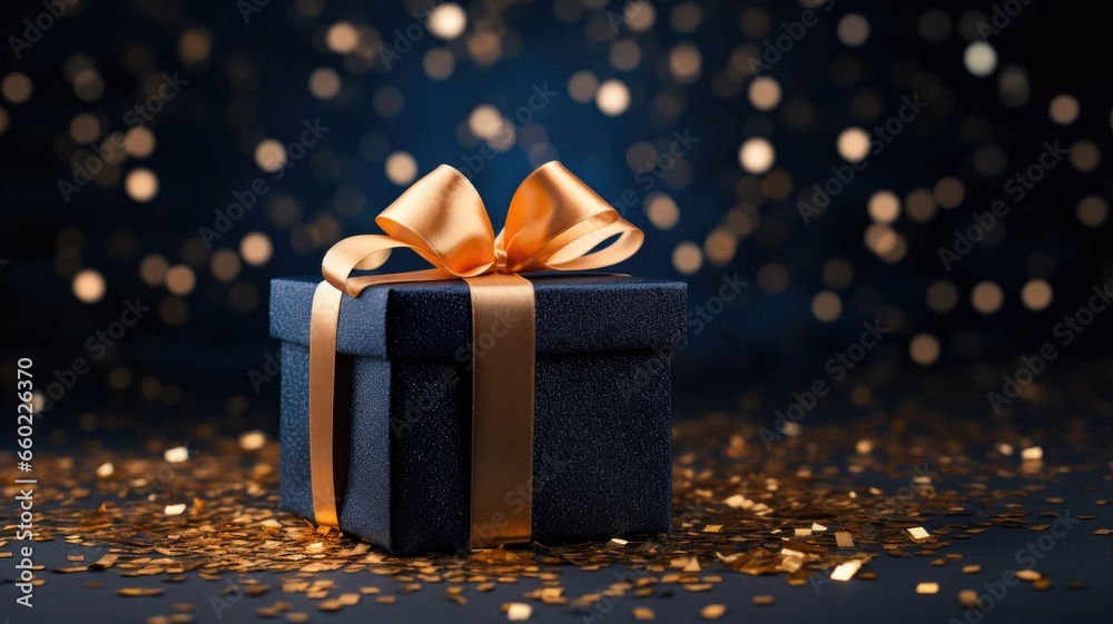 A blue gift box with a gold bow - obrazy, fototapety, plakaty 
