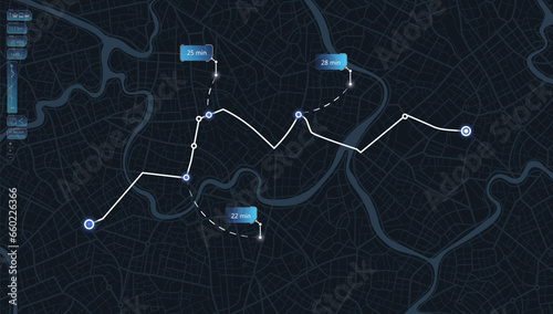 Location tracks dashboard. City street road. City streets and blocks, route distance data, path turns and destination tag or mark. Huge city top view. vector, illustration. Abstract background.