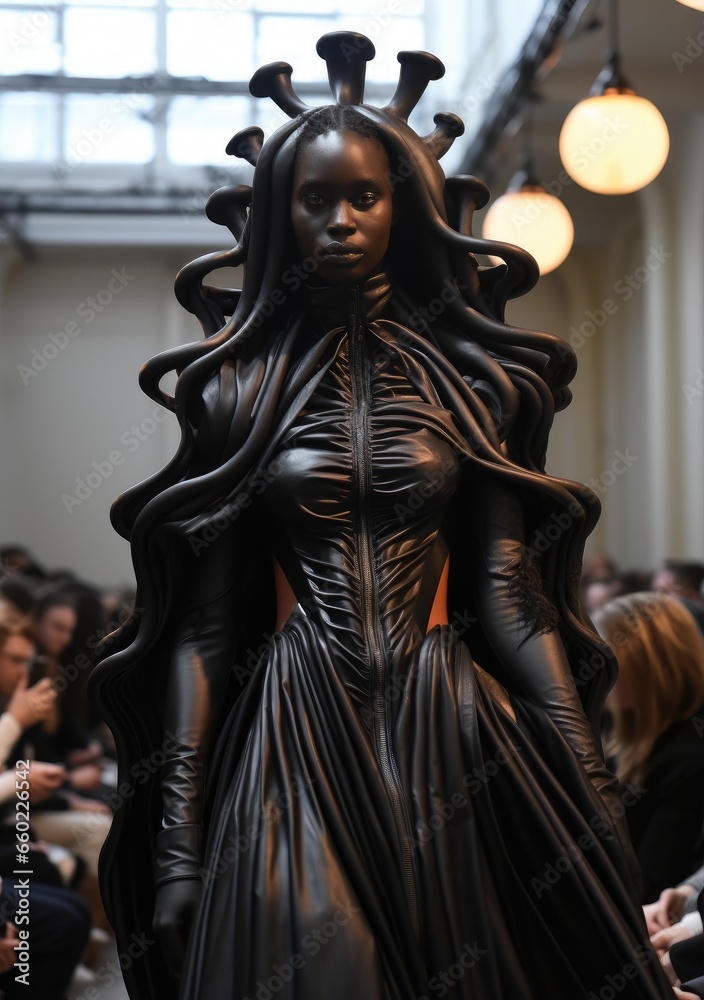 A beautiful statue of a woman in an elegant black dress