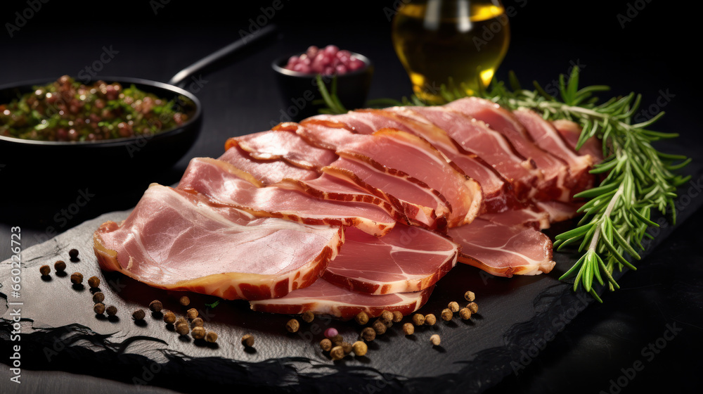 finely sliced serrano ham on wood
