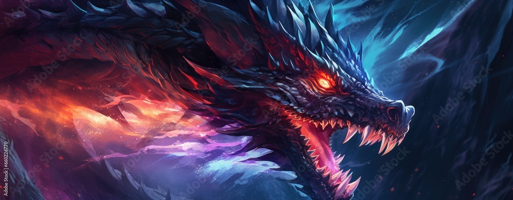 A fierce dragon with piercing red eyes - obrazy, fototapety, plakaty 