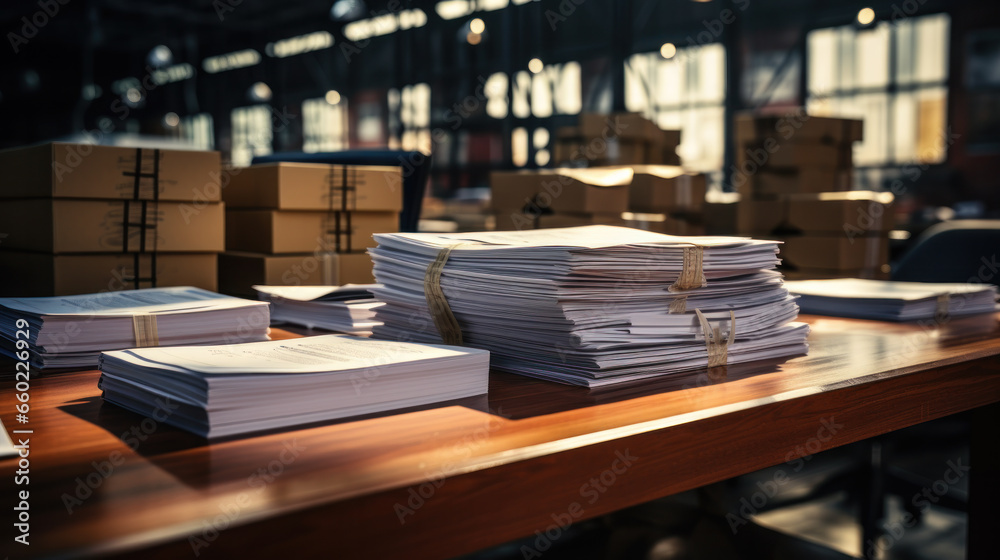 Stacks of paper on warehouse background. Documents for warehouse and accounting reporting. Stacks of paper on warehouse background. Documents for warehouse and accounting reporting.