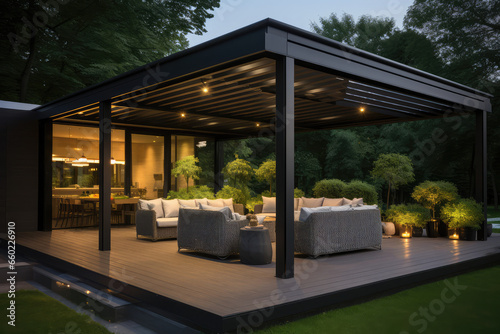 Modern patio furniture include a pergola shade structure, an awning, a patio roof, a dining table, seats © Kien
