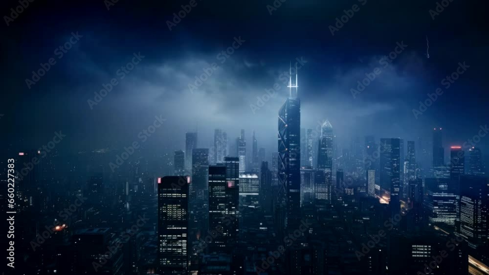 lightning thunder strike in cityscape skyscraper building in dangerous bad environment rain weather video looping 