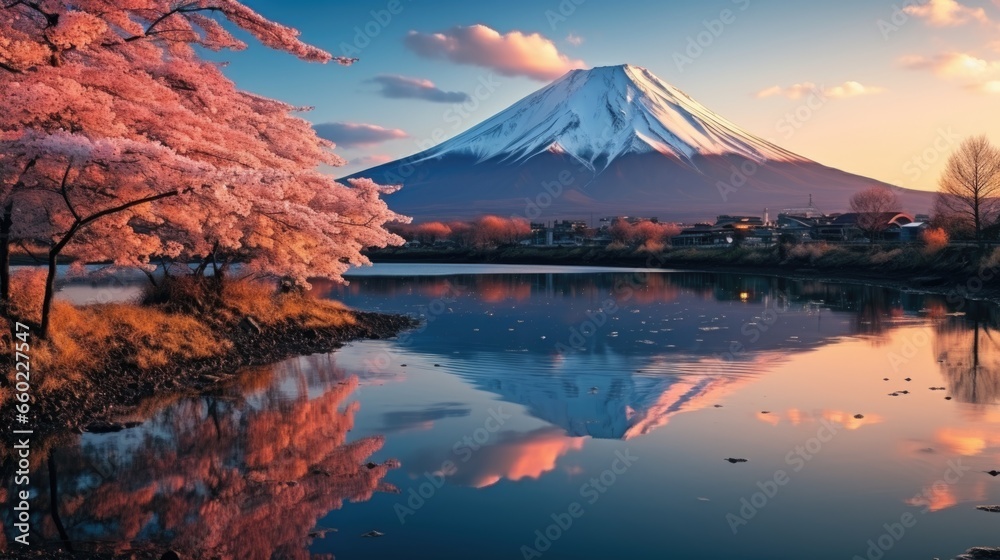 mount Fuji in spring time with blooming cherry blossom at lake. 