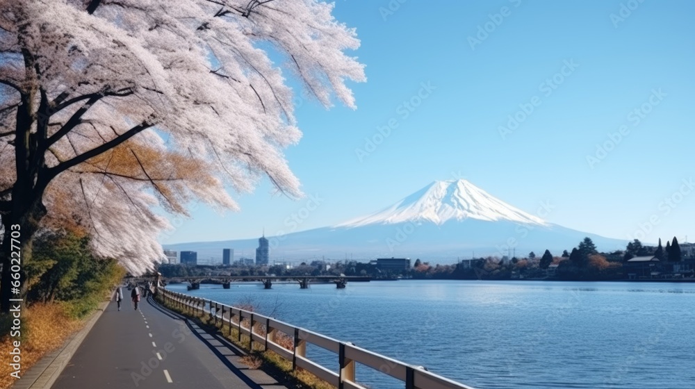 mount Fuji in spring time with blooming cherry blossom at lake.  - obrazy, fototapety, plakaty 