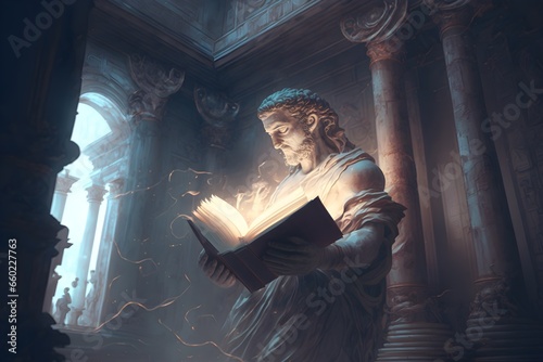 imagine an infinite book full open representing a ERC1155 blockchain contract Old greek marmol GrecoRoman architecture beautiful cinematic and magical image of a greek god signing the contract  photo