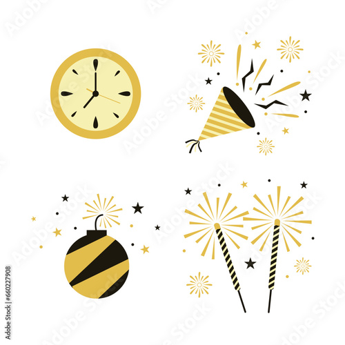 New Year Party Icon In Cartoon Design. Vector Illustration Set. 