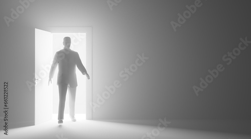 Business Man Walking Through Door and Glowing Light 3D Illustration