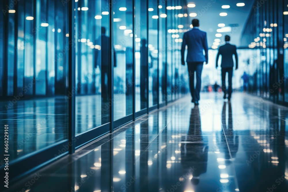 Blurred individuals dressed in suits in motion within the hallway of an office building, capturing the dynamic and urban environment. Photorealistic illustration Blurred individuals dressed in suits in motion within the hallway of an office building, capturing the dynamic and urban environment. Photorealistic illustration
