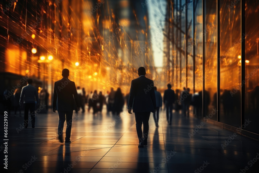 People walking at night, likely on their way home, passing by a glass building, with the city lights illuminating the scene, creating a tranquil yet urban atmosphere. Photorealistic illustration