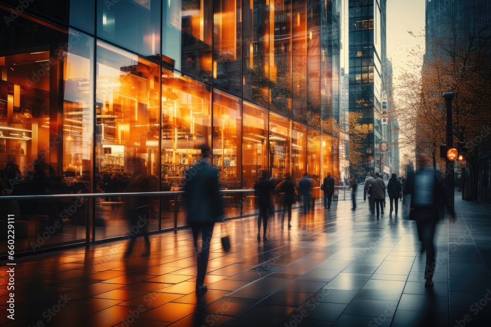 Blurred figures in motion as they walk past glass buildings along a busy city street, embodying the dynamic and bustling atmosphere of urban life. Photorealistic illustration