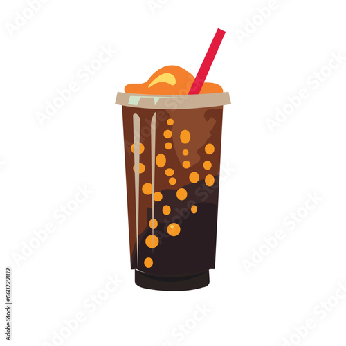 Brown boba tea drink vector image, chocolate milk tea, bubble coffee tea in glass with straw