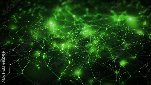 green abstract background with a network grid and particles connected