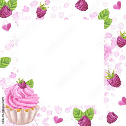 Square frame cupcake muffin pink sweet whipped cream. Raspberry, mint. Food clipart. Hand drawn watercolor illustration isolated on white background. Rainbow collection. Cafe menu