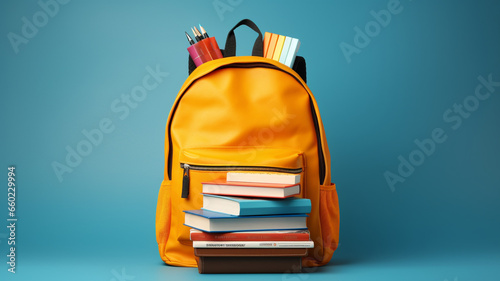 School backpack with books. - Back to school concept.