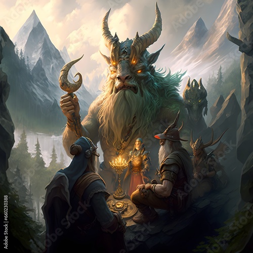 A hermit dragonborn holding court in the hill with elves and dwarves A mountan and a forest in the background Majestic 