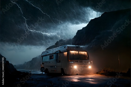 Motorhome standing on the edge of a very high cliff stormy night windy weather dark atmosphere wet place 8k unreal engine 5 extremley detailed cinematic atmospheric charming high contrast magical  photo