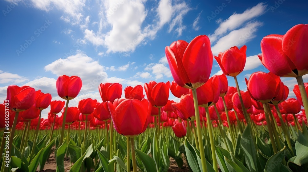 field of vibrant red tulips, floral catalogs, springtime promotions
