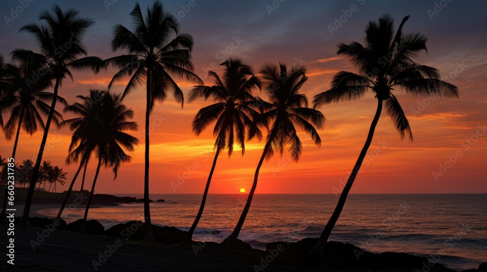 early morning sky, at the break of dawn, a row of tall palm trees stands as dark silhouettes against the first light of day