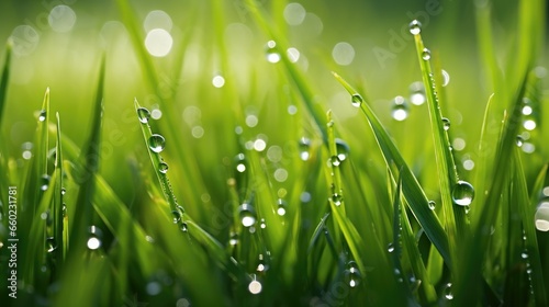 dew-kissed lawn grass in the early morning light, gardening and landscaping publications