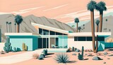 The timeless elegance and iconic mid-century modern architectural design of Palm Springs, blending sleek lines, minimalism, and retro-futuristic aesthetics, reminiscent of the 1950s, in a desert oasis