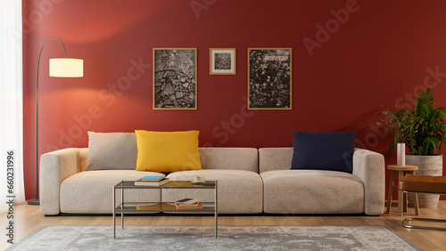 Living room interiors finished with a red wall and a wood floor with an ivory sofa  3d rendering