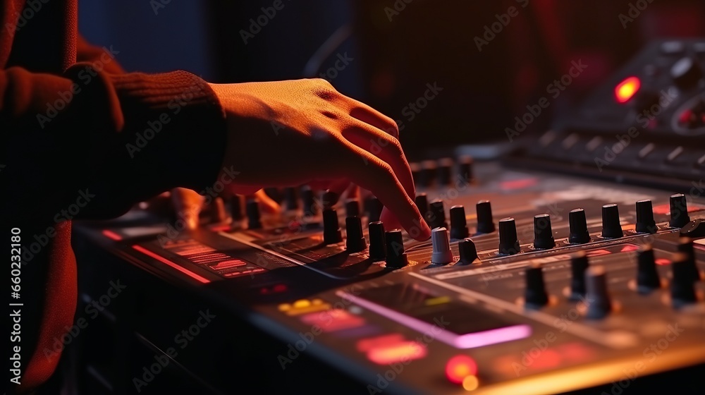 DJ Hands, dj console mixer on concert nightclub stage, music colors .Generative AI DJ Hands, dj console mixer on concert nightclub stage, music colors .Generative AI