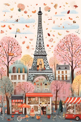 An enchanting and whimsical depiction of the iconic Eiffel Tower in a dreamlike setting, filled with wonder and imagination. photo