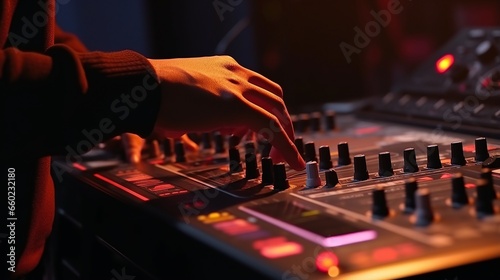 DJ Hands, dj console mixer on concert nightclub stage, music colors .Generative AI