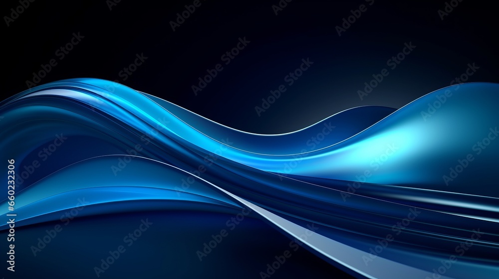 Fototapeta premium Abstract 3d render.blue ribbon on black background.Holographic shape in motion.Iridescent gradient digital art for banner background, wallpaper.Transparent glossy design element flying in seascape. 