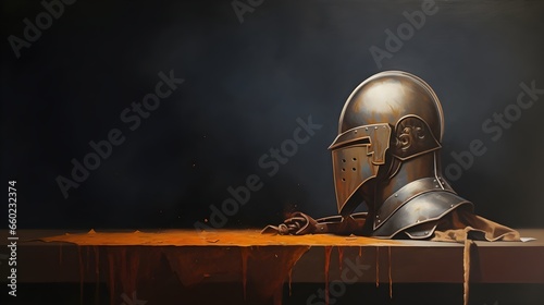 This image showcases a beautifully preserved Roman helmet, a compelling artifact that offers a glimpse into the rich military history of ancient Rome, with an ideal space for accompanying text