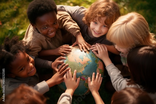 A group of children holding hands and forming a circle around a globe , Protecting environment. world peace concept, generative ai