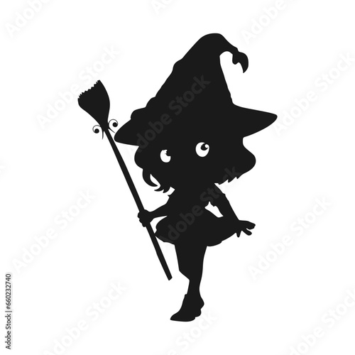 Happy young cute witch girl with broomstick sketchbook cartoon style silhouette. Long curly hair and big anime style eyes. Halloween relative smiling character