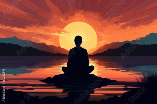 meditation at sunset by the lake, inner peace, generative ai