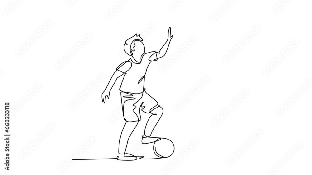 Animated self drawing of continuous line draw attractive father and son playing football together on outdoor field and giving high five gesture. Happy parenting concept. Full length one line animation Animated self drawing of continuous line draw attractive father and son playing football together on outdoor field and giving high five gesture. Happy parenting concept. Full length one line animation