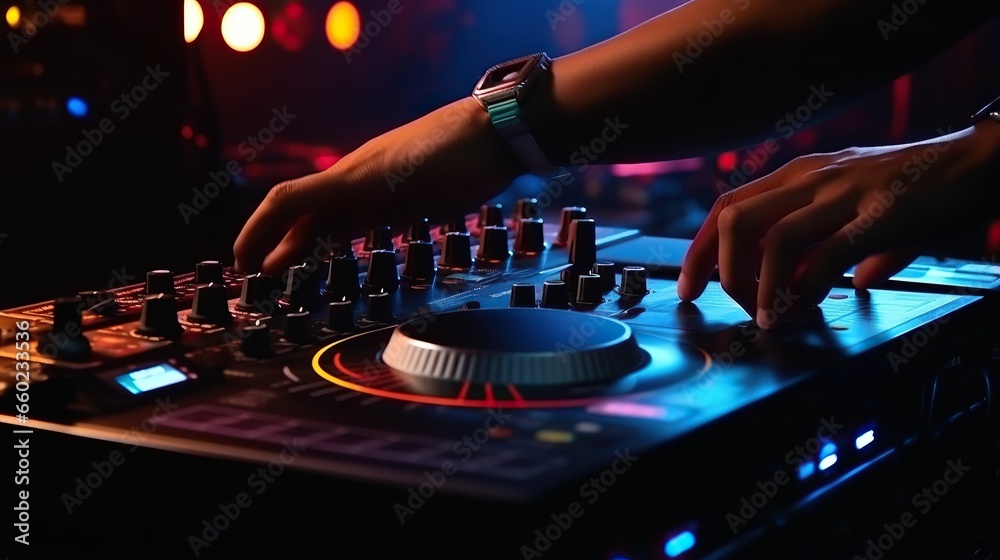 DJ Hands, dj console mixer on concert nightclub stage, music colors DJ Hands, dj console mixer on concert nightclub stage, music colors