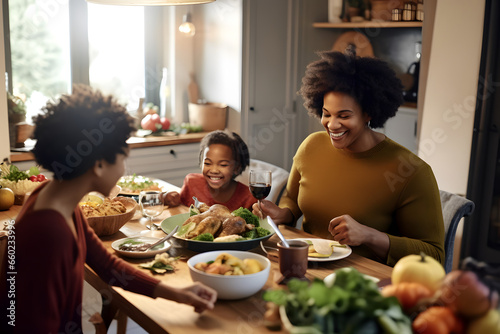 Happy African American family having Thanksgiving lunch at dining table.
