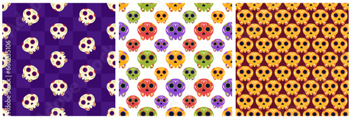 Set of Dia de Muertos Seamless Pattern Illustration with Day of the Dead and Skeleton Element in Mexican Design